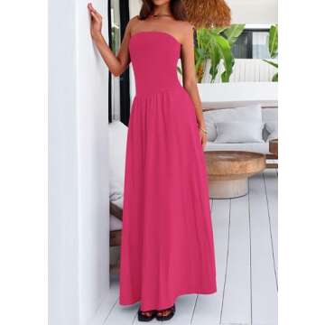 PRETTYGARDEN Women's 2025 Summer Strapless Maxi Dresses Patchwork Long Flowy Elegant Going Out Tube Top Dress with Pockets (Rose Red,Small)