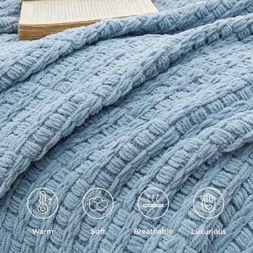 Bedsure Throw Blankets for Couch - Textured Knit Woven Chenille Blanket - Super Soft, Warm Decorative Boho Throw with Tassels for Bed, Sofa and Living Room, Blue, 50x60 Inches