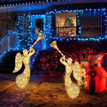 VIHOSE 2 Pcs Christmas Outdoor Lighted Angel Decoration 4ft Xmas Pre Lit Angel Display Electric 240 LED Glitter Angel Decor for Merry Christmas Outside Yard Garden and Lawn Party Supplies