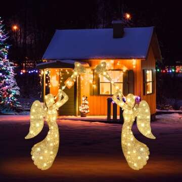 VIHOSE 2 Pcs Christmas Outdoor Lighted Angel Decoration 4ft Xmas Pre Lit Angel Display Electric 240 LED Glitter Angel Decor for Merry Christmas Outside Yard Garden and Lawn Party Supplies