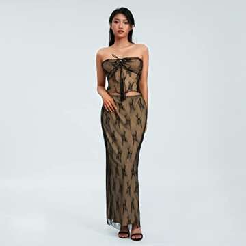 Women 2 Piece Maxi Skirt Set Y2k Lace Up Back Tie Up Tank Tops Bodycon Long Skirt Summer Party Club Streetwear (A Black, M)