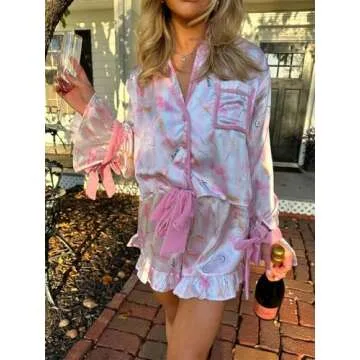 Alyweatry Women Christmas 2 Piece Pajama Set Cute Print Long Sleeve Button Down Shirt Elastic Shorts Holiday Sleepwear (Pink Champagne, S)