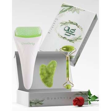 Face Ice Roller Jade & Gua Sha Set Gifts for Women Mom Mothers Day Facial Puffy Eyes Massage Natural Cooling Anti Wrinkle Skin Care Travel Tools Treatment for Puffiness Migraine Pain Relief Relaxing