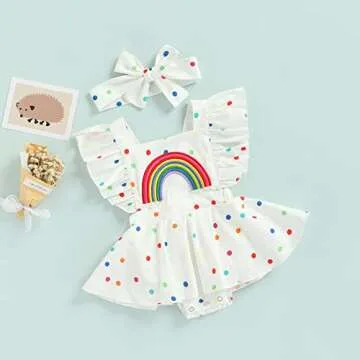 Infant Baby Girl Summer Rainbow Romper Dress Polka Dot Print Ruffle Sleeve Backless Skirted Bodysuit Sunsuit Outfit (White, 6-12 Months)