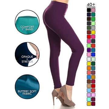 Leggings Depot Womens 1" Waistband High Waisted Solid Leggings Pants (Full Length, Purple, One Size ...