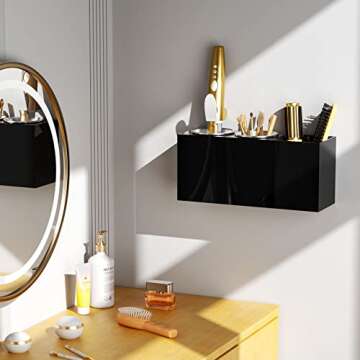 NIUBEE Hair Dryer Holder, Hair Tool Organizer Wall Mount, Blow Dryer Holder Cabinet Door, Bathroom Styling and Hot Tools Organizer for Flat Irons, Curling Irons (Black)