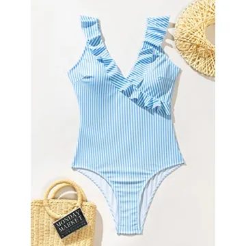 WDIRARA Women's Striped Ruffle One-Piece Swimsuit V Neck Wide Strap Sleeveless Stretchy Bathing Suit Blue and White L