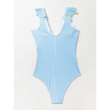 WDIRARA Women's Striped Ruffle One-Piece Swimsuit V Neck Wide Strap Sleeveless Stretchy Bathing Suit Blue and White L