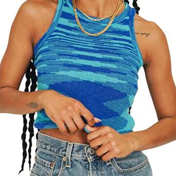 Women Basic Ribbed Knit Tie Dye Tank Top Crew Neck Sleeveless Crop Top Y2K Summer Camisole Vest Top (Blue, S)