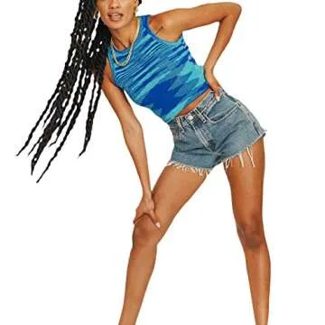 Women Basic Ribbed Knit Tie Dye Tank Top Crew Neck Sleeveless Crop Top Y2K Summer Camisole Vest Top (Blue, S)