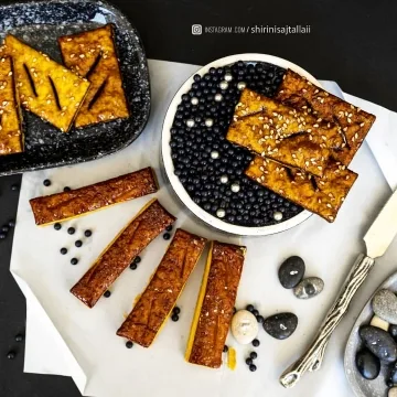 شیرینی آلمانی آجیلی-نواری-طلایی-کنجدی-پذیرایی کم‌شیرین-باکس هدیه