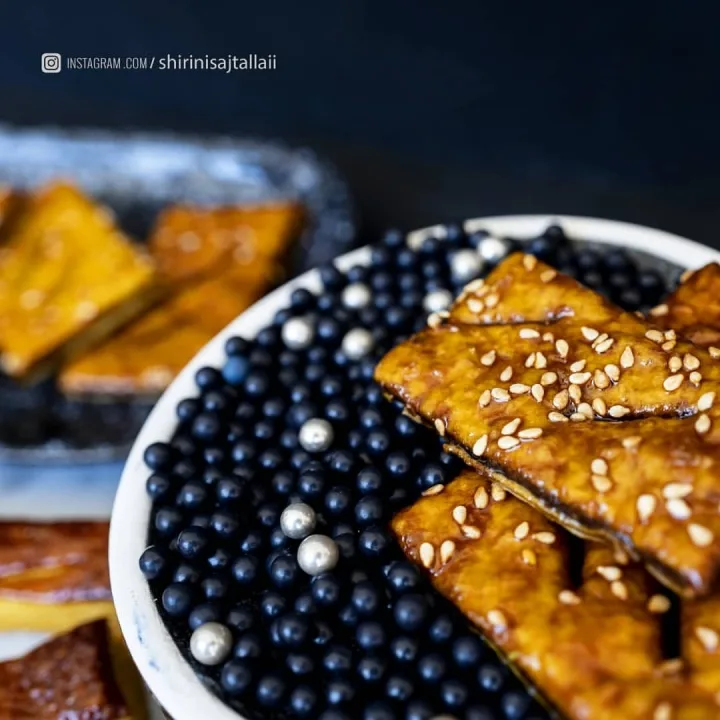 شیرینی آلمانی آجیلی-نواری-طلایی-کنجدی-پذیرایی کم‌شیرین-باکس هدیه