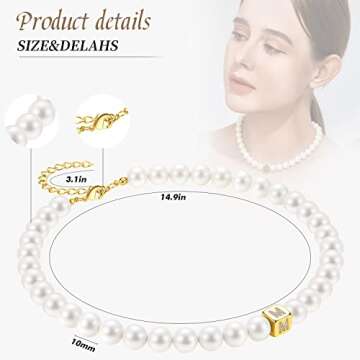 Pearl Choker Necklaces for Women - Cream White Pearl Chain With Initial Pendant - 18 K Gold Plated Dainty Toggle Clasp Necklace Gift for Mom, Sister, Lover, Wife (Cream White - M)