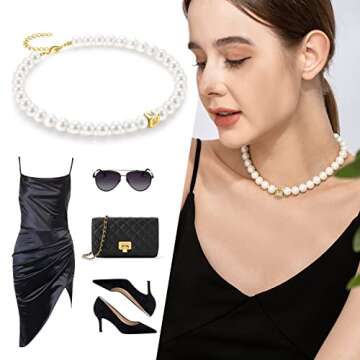 Pearl Choker Necklaces for Women - Cream White Pearl Chain With Initial Pendant - 18 K Gold Plated Dainty Toggle Clasp Necklace Gift for Mom, Sister, Lover, Wife (Cream White - M)