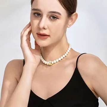 Pearl Choker Necklaces for Women - Cream White Pearl Chain With Initial Pendant - 18 K Gold Plated Dainty Toggle Clasp Necklace Gift for Mom, Sister, Lover, Wife (Cream White - M)