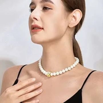 Pearl Choker Necklaces for Women - Cream White Pearl Chain With Initial Pendant - 18 K Gold Plated Dainty Toggle Clasp Necklace Gift for Mom, Sister, Lover, Wife (Cream White - M)