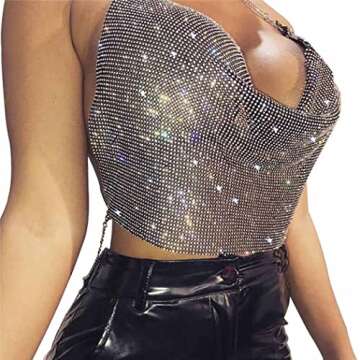 Fstrend Rhinestones Body Chains Chest Sparkly Crystal Bikini Bra Silver Halter Backless Sexy Party Rave Nightclub Jewelry Accessories for Women and Girls (Black)