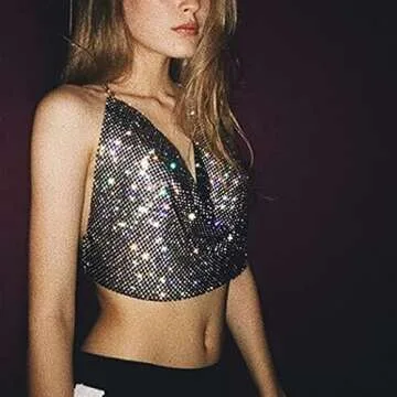 Fstrend Rhinestones Body Chains Chest Sparkly Crystal Bikini Bra Silver Halter Backless Sexy Party Rave Nightclub Jewelry Accessories for Women and Girls (Black)