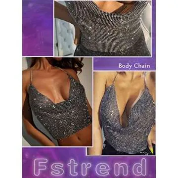 Fstrend Rhinestones Body Chains Chest Sparkly Crystal Bikini Bra Silver Halter Backless Sexy Party Rave Nightclub Jewelry Accessories for Women and Girls (Black)