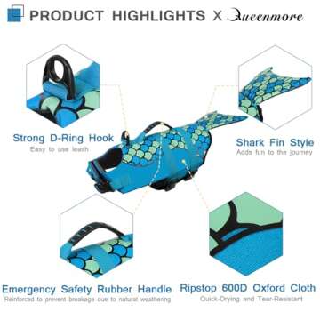 Queenmore Mermaid Dog Life Jacket, Dog Life Vest for Swimming, Blue, XS