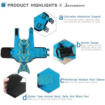 Queenmore Mermaid Dog Life Jacket, Dog Life Vest for Swimming, Blue, XS