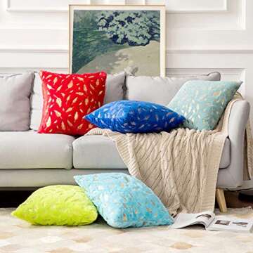 MIULEE Pack of 2 Decorative Throw Pillow Covers Plush Faux Fur with Gold Feathers Gilding Leaves Cushion Covers Cases Soft Fuzzy Cute Pillowcase for Couch Sofa Bed, 18 x 18 Inch, Yellow