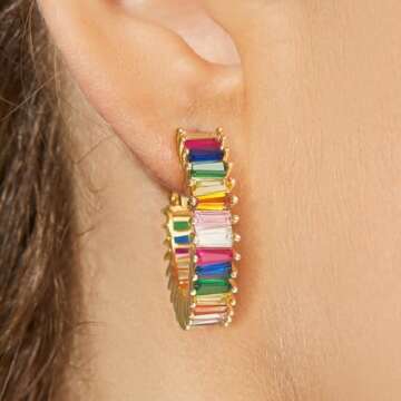 GLOQUAT Colorful Crystal Hoop Earrings 14K Gold Plated Rainbow Hoops for Women 925 Silver Post Vinta...