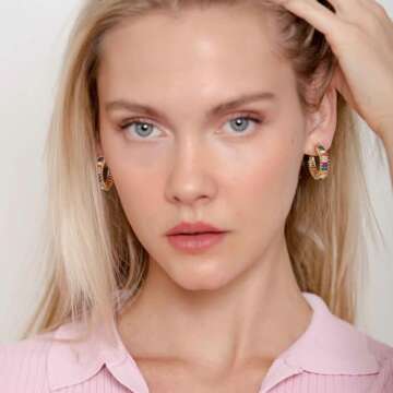 GLOQUAT Colorful Crystal Hoop Earrings 14K Gold Plated Rainbow Hoops for Women 925 Silver Post Vintage Colorful Cubic Zirconia Gold Round Circle Hoops for Women Trendy Jewelry 25mm