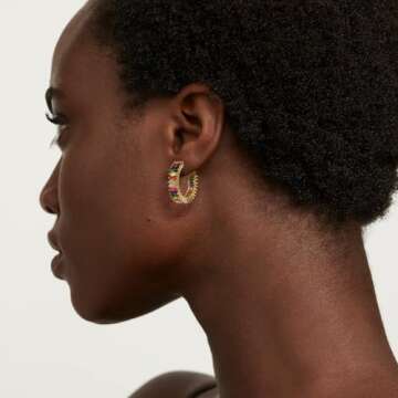 GLOQUAT Colorful Crystal Hoop Earrings 14K Gold Plated Rainbow Hoops for Women 925 Silver Post Vintage Colorful Cubic Zirconia Gold Round Circle Hoops for Women Trendy Jewelry 25mm