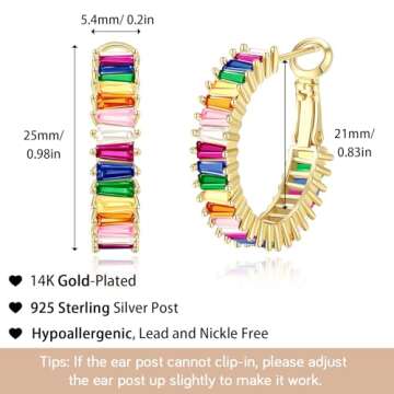 GLOQUAT Colorful Crystal Hoop Earrings 14K Gold Plated Rainbow Hoops for Women 925 Silver Post Vintage Colorful Cubic Zirconia Gold Round Circle Hoops for Women Trendy Jewelry 25mm
