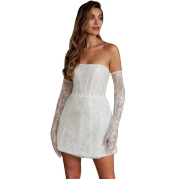 Women's Sparkly Short Wedding Dresses for Bride Cute Lace Strapless Corset Bridal Dress with Gloves ...