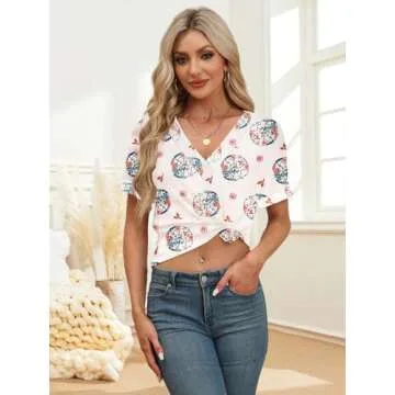 EyMuse Women's Casual Short Sleeve T-Shirts V Neck Trendy Cute Graphic Tunic Tops Basic Tees Blouses Business Work Dressy Outfits, Apricot Print,S