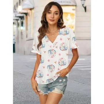 EyMuse Women's Casual Short Sleeve T-Shirts V Neck Trendy Cute Graphic Tunic Tops Basic Tees Blouses Business Work Dressy Outfits, Apricot Print,S
