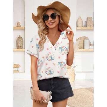 EyMuse Women's Casual Short Sleeve T-Shirts V Neck Trendy Cute Graphic Tunic Tops Basic Tees Blouses Business Work Dressy Outfits, Apricot Print,S