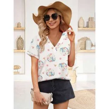 EyMuse Women's Casual Short Sleeve T-Shirts V Neck Trendy Cute Graphic Tunic Tops Basic Tees Blouses Business Work Dressy Outfits, Apricot Print,S