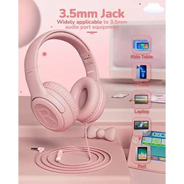 awatrue Kids Headphones with Microphone Foldable Stereo Tangle-Free 3.5mm Jack Wired Cord On-Ear Headset for Children/Teens/Boys/Girls/Smartphones/School/Kindle/Airplane Travel/Plane/Tablet (Pink)