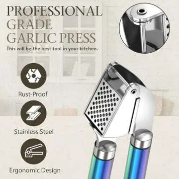ORBLUE Garlic Press Stainless Steel - Premium Professional Grade Garlic Mincer, Crusher & Peeler Set - Easy Clean, Dishwasher Safe & Rust-proof, Multi-colored
