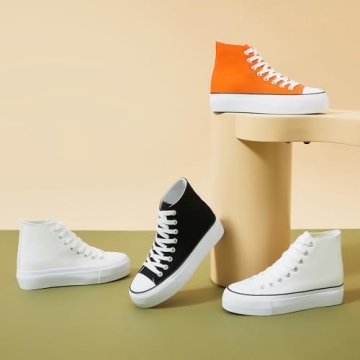 POVOGER Platform Sneakers for Women Fashion High Top Canvas Shoes White Womens Platform Shoes Casual Lace Up Mid Top Shoes(White,US06)