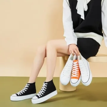 POVOGER Platform Sneakers for Women Fashion High Top Canvas Shoes White Womens Platform Shoes Casual Lace Up Mid Top Shoes(White,US06)