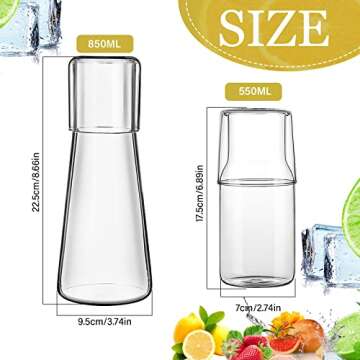 mwellewm 2 Pieces Bedside Water Carafe and Glass Set for Bedroom Nightstand,Bedside Water Bottle Mouthwash Decanter for Bathroom, Glass Carafe with Cup for Guest Room(17.5 OZ + 30 OZ)