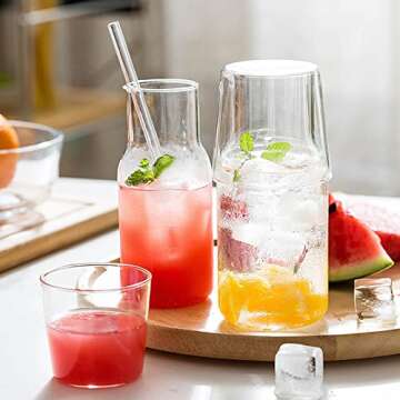 mwellewm 2 Pieces Bedside Water Carafe and Glass Set for Bedroom Nightstand,Bedside Water Bottle Mouthwash Decanter for Bathroom, Glass Carafe with Cup for Guest Room(17.5 OZ + 30 OZ)