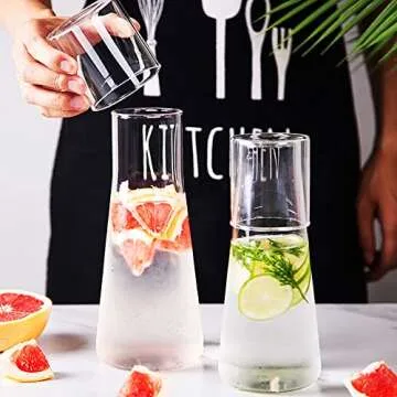 mwellewm 2 Pieces Bedside Water Carafe and Glass Set for Bedroom Nightstand,Bedside Water Bottle Mouthwash Decanter for Bathroom, Glass Carafe with Cup for Guest Room(17.5 OZ + 30 OZ)