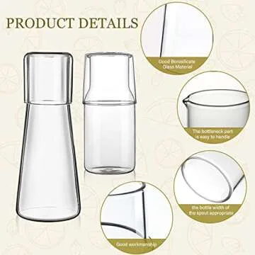 mwellewm 2 Pieces Bedside Water Carafe and Glass Set for Bedroom Nightstand,Bedside Water Bottle Mouthwash Decanter for Bathroom, Glass Carafe with Cup for Guest Room(17.5 OZ + 30 OZ)