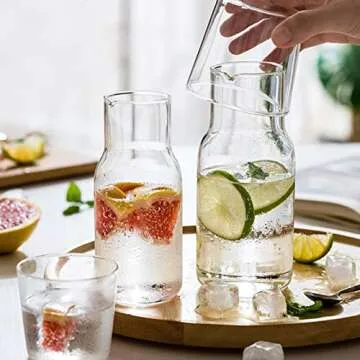 mwellewm 2 Pieces Bedside Water Carafe and Glass Set for Bedroom Nightstand,Bedside Water Bottle Mouthwash Decanter for Bathroom, Glass Carafe with Cup for Guest Room(17.5 OZ + 30 OZ)