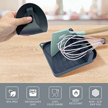 LSVGOE 2 Pack Multiple Utensil Spoon Rest with Drip Pad Non-Slip Heat Resistant Kitchen and Grill Spoon Holder for Spatula, Ladle, Tongs, Kitchen Gadgets, and Cooking Accessories (Silver Gray)