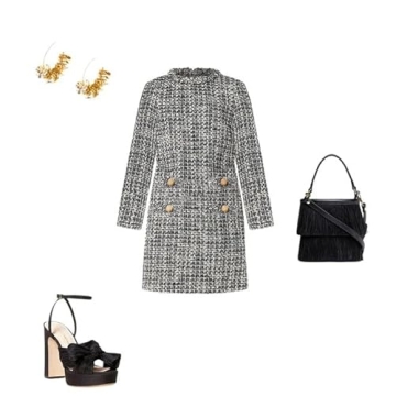 LifeShe Women's Long Sleeve Tweed Mini Dress Business Work Short Dress Elegant Cute Party Dresses