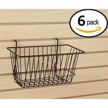 Econoco - Black Multi-Fit Narrow Wire Basket for Slatwall, Pegboard or Gridwall (Set of 6) Metal Semi-Gloss Basket, Black