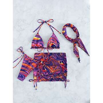 SOLY HUX Women's 4 Piece Swimsuits Triangle Bikini Bathing Suits with Mesh Beach Skirt & Bandana Bikini Sets