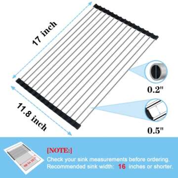 Seropy Roll Up Dish Drying Rack Over The Sink Drying Rack for Kitchen, Folding Dish Rack Over Sink Mat, Stainless Steel Dish Drainer Sink Rack Kitchen Sink Organizer Accessories Black 17"x11.8"