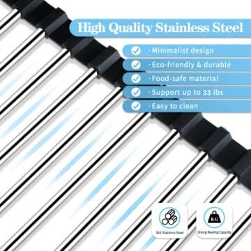 Seropy Roll Up Dish Drying Rack Over The Sink Drying Rack for Kitchen, Folding Dish Rack Over Sink Mat, Stainless Steel Dish Drainer Sink Rack Kitchen Sink Organizer Accessories Black 17"x11.8"